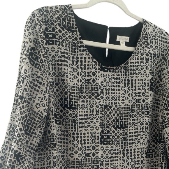 Garnet Hill 100% Silk Bell Flare Sleeve Shift Beige Black Midi Dress size 10 - Picture 2 of 9